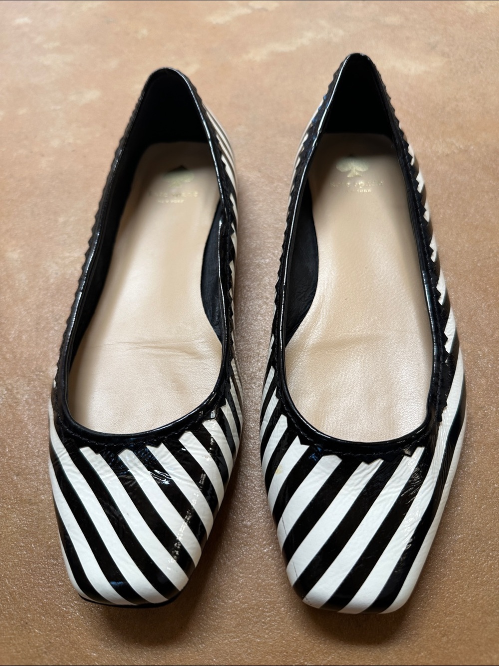 Kate Spade New York Black & White Striped Patent Leather Ballet Flats, Size 7